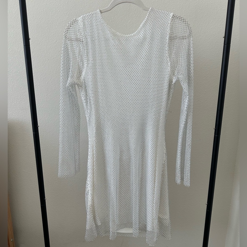 12th Tribe white rhinestone mesh mini dress